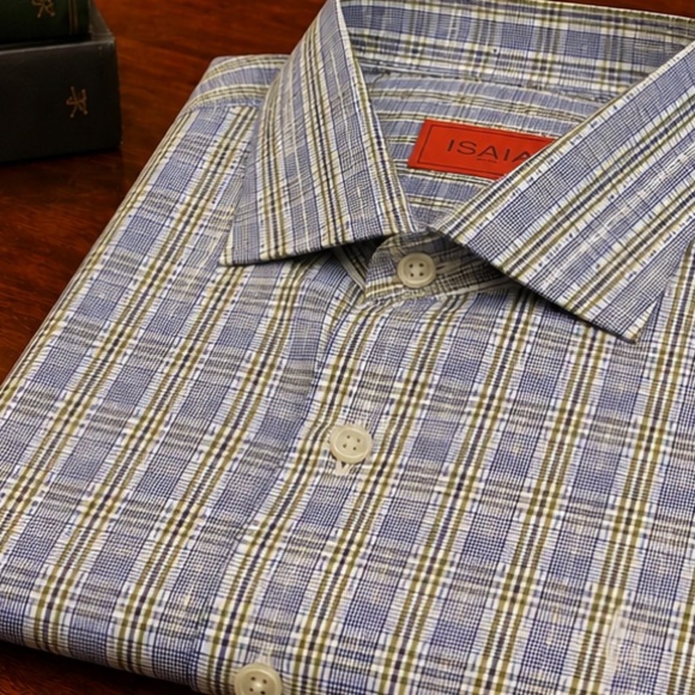 ISAIA Blue/Olive Check Dress Shirt